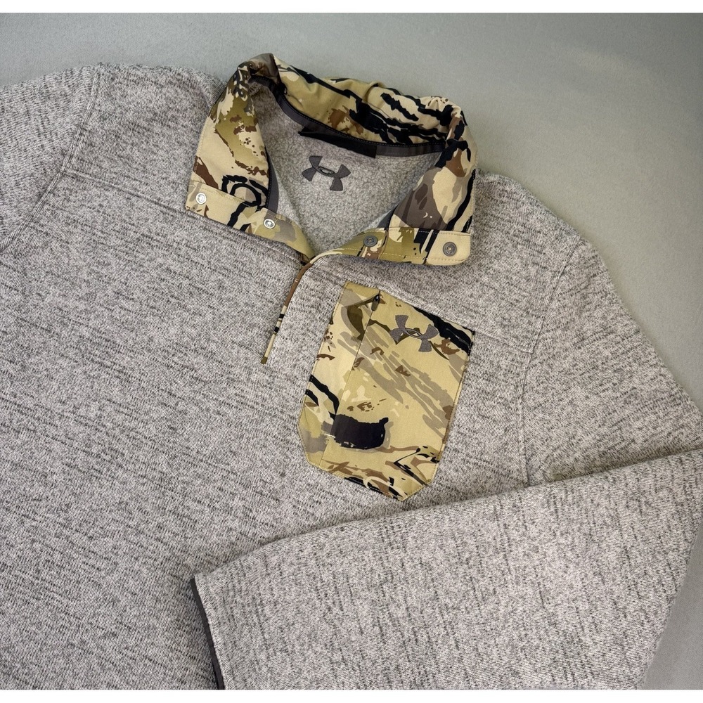 Under Armour Henley Sweater Men's L Gray Long Sleeve 1/4 Snap Camo Collar Pocket